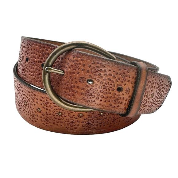 Fossil | Women | Tooled Studded Rustic Brown Leather Brass Buckle Belt | Medium - Picture 1 of 10